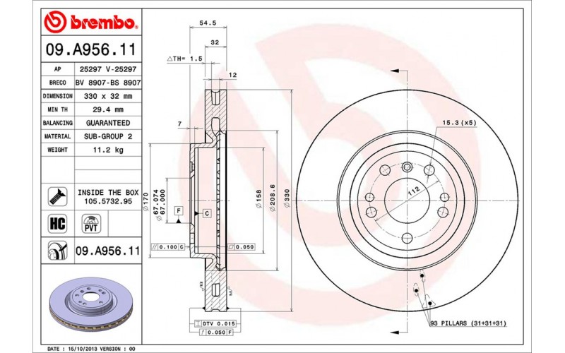 Диск тормозной передний BREMBO реставрированный D=330mm для MERCEDES-BENZ, front Brake Disc 09.A956.11