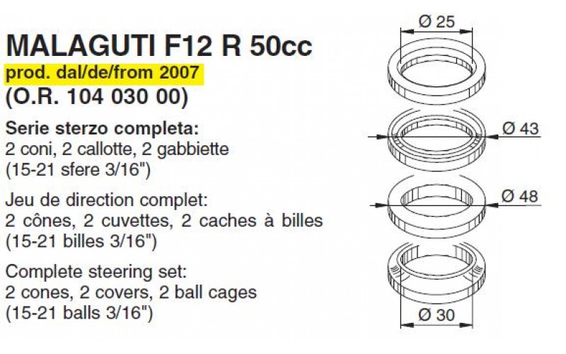 Подшипники рулевой колонки Buzzetti для scooter Malaguti F12 50, Complete steering set 6054