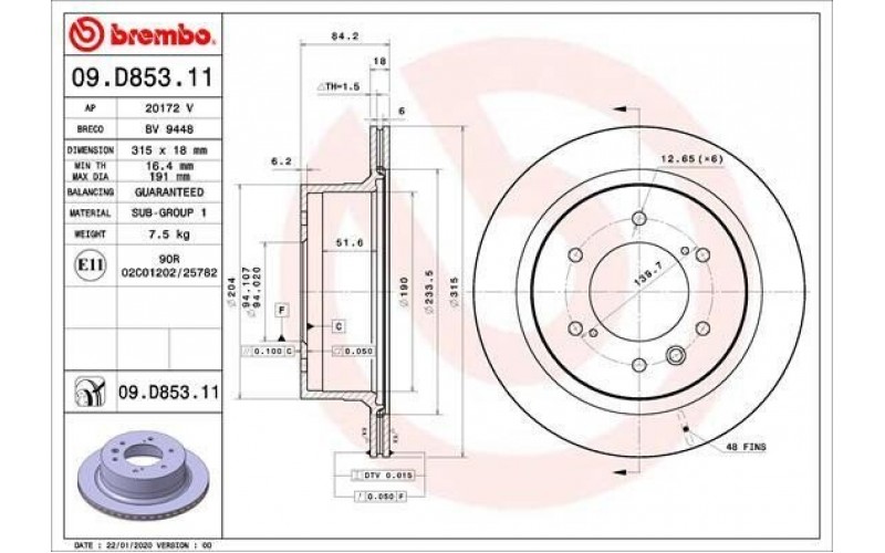Диск тормозной задний BREMBO для MITSUBISHI PAJERO SPORT III 09D85311 (4615A224, 186465 FEBI, BG5035C DELPHI, RN3002 NIBK, BS6478 ZEKKERT)