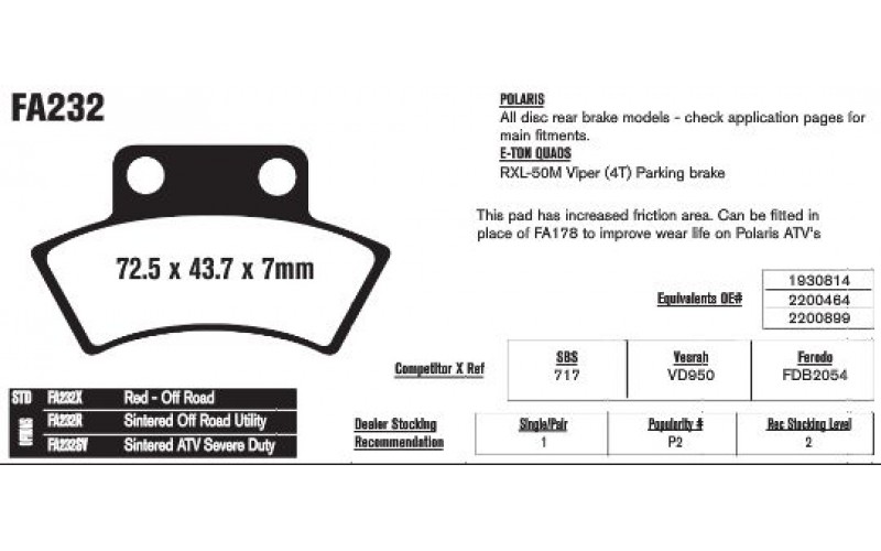 Колодки тормозные синтетические EBC sintered off road ATV Polaris FA232R