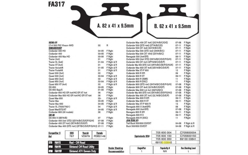 Колодки тормозные синтетические EBC sintered off road ATV Suzuki LT-A, Can am Outlander, Brake Pad FA317R (705600004, 705600150, 705600350, 69100-03841)