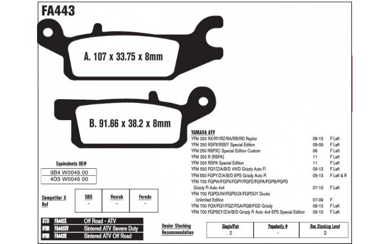 Колодки тормозные EBC off road для ATV Yamaha YFM Grizzly, BRAKE PAD KIT FA443R (3B4-W0045-00-00, 4D3-W0045-00-00)