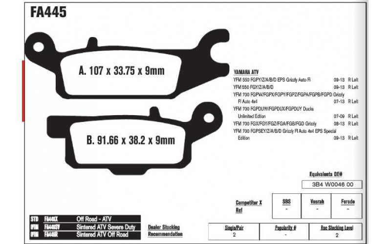 Колодки тормозные EBC off road для ATV Yamaha YFM Grizzly, Standard FA445R (3B4-W0046-00-00)