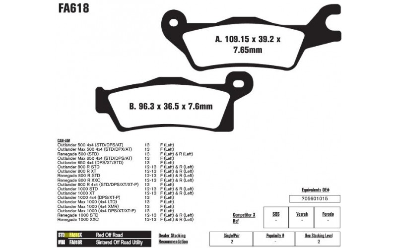 Колодки тормозные синтетические EBC sintered off road ATV Can-Am Outlander, Renegade BRAKE PADS FA618R (705601015)